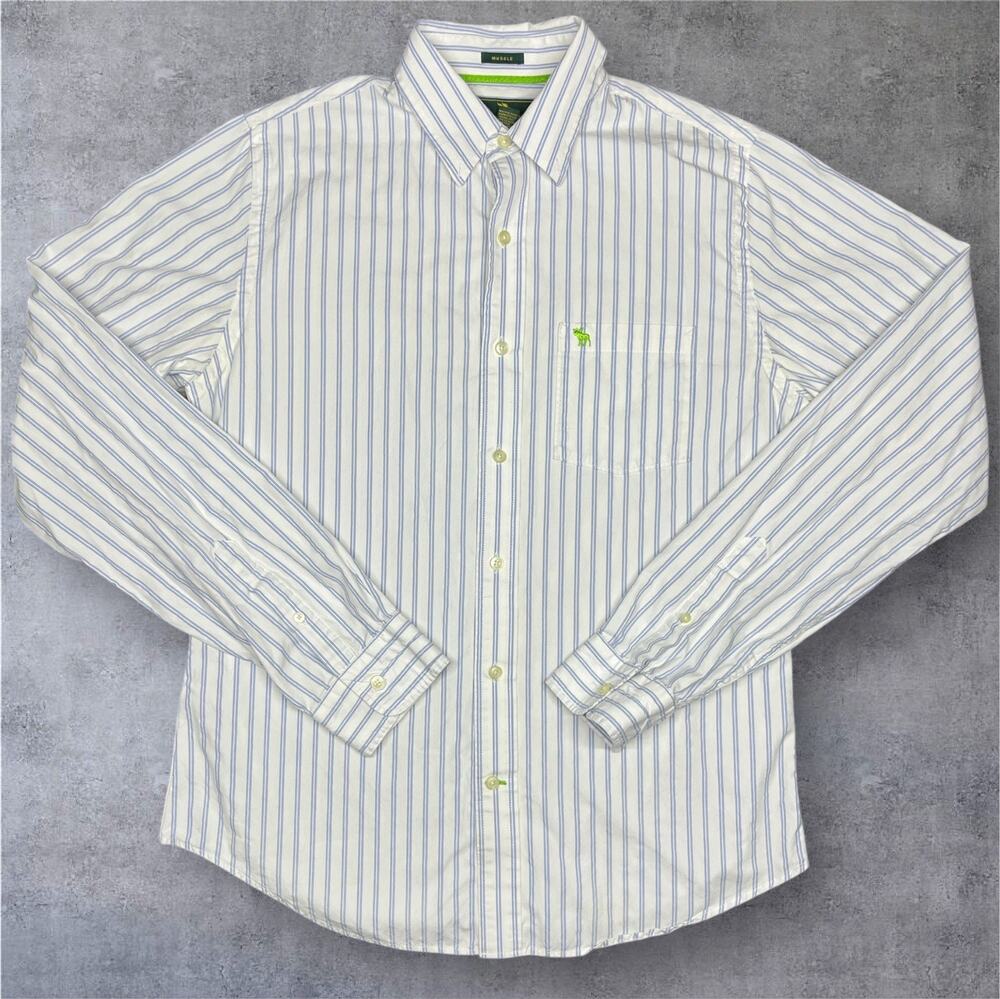 Abercrombie & Fitch Muscle Shirt XL Blue Stripe Y2K Moose Logo Mauritius Cotton